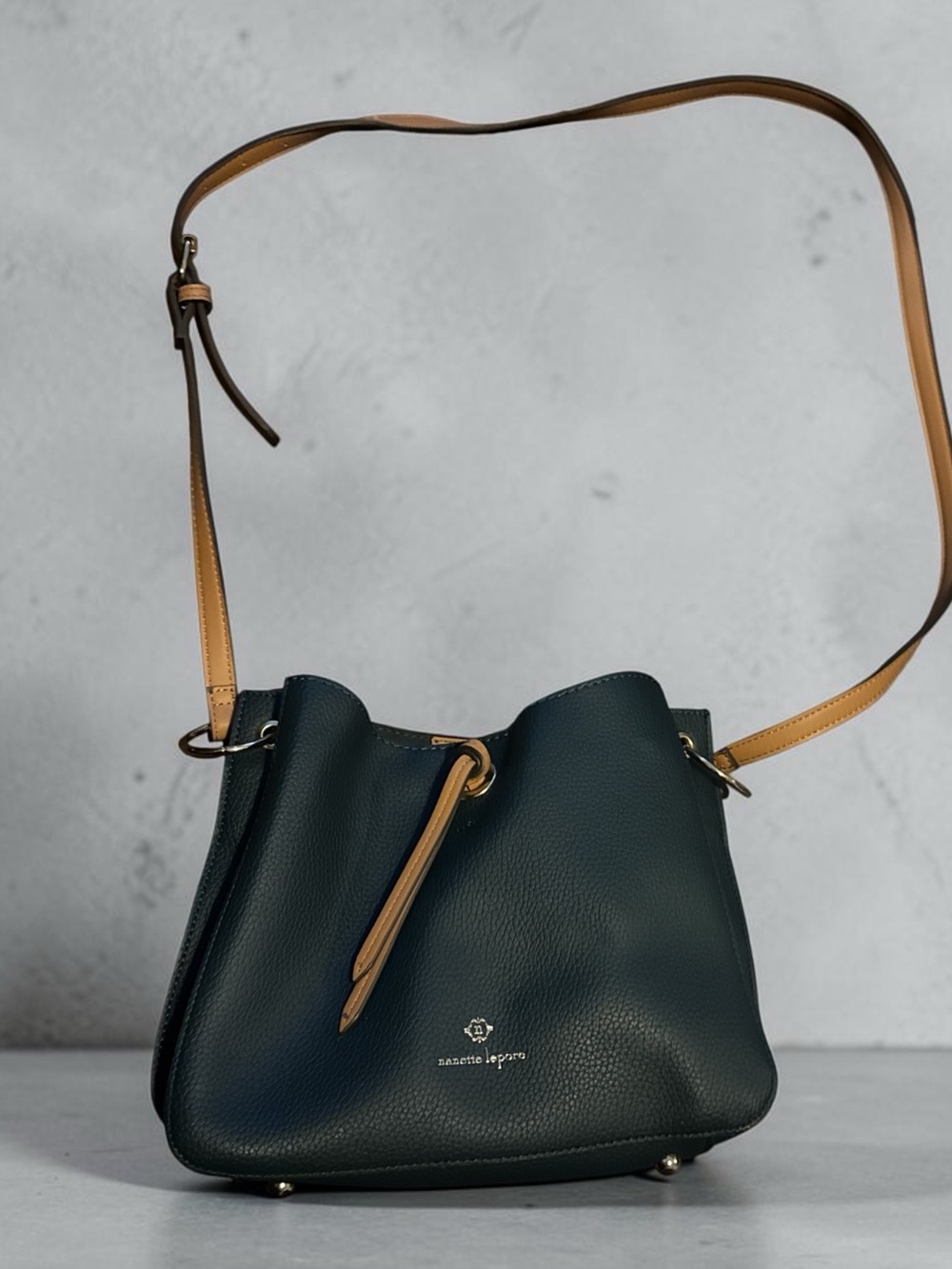 Nanette Lepore Colleen Crossbody Bucket Purse Handbag Dark Green 9"x9"9"x4.5"